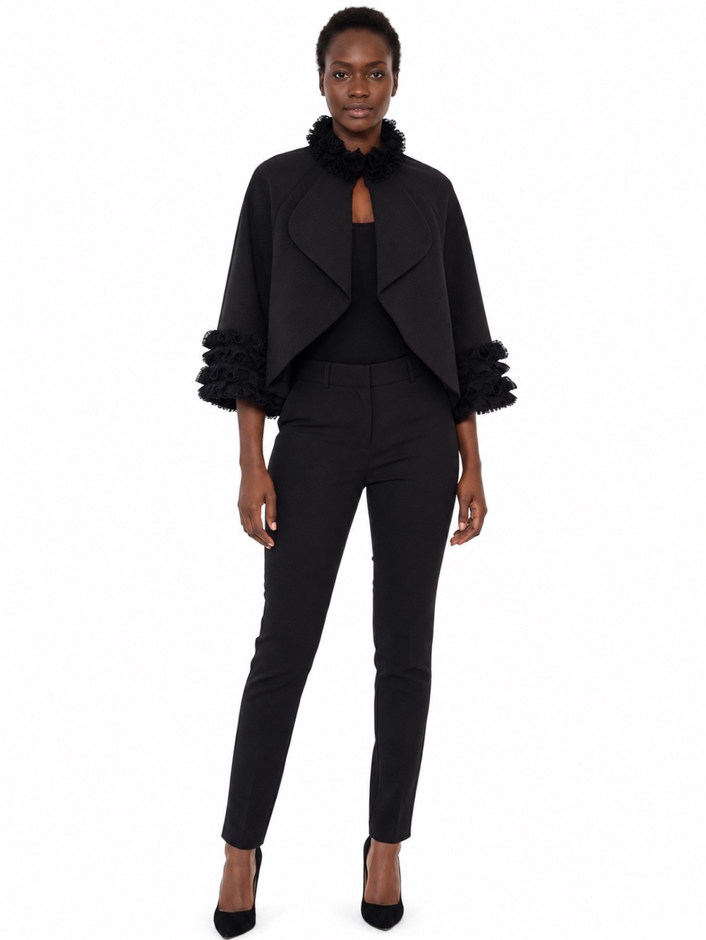 Beulah Style Black Ruffle Lace Trim Bolero Cape Jacket Size L